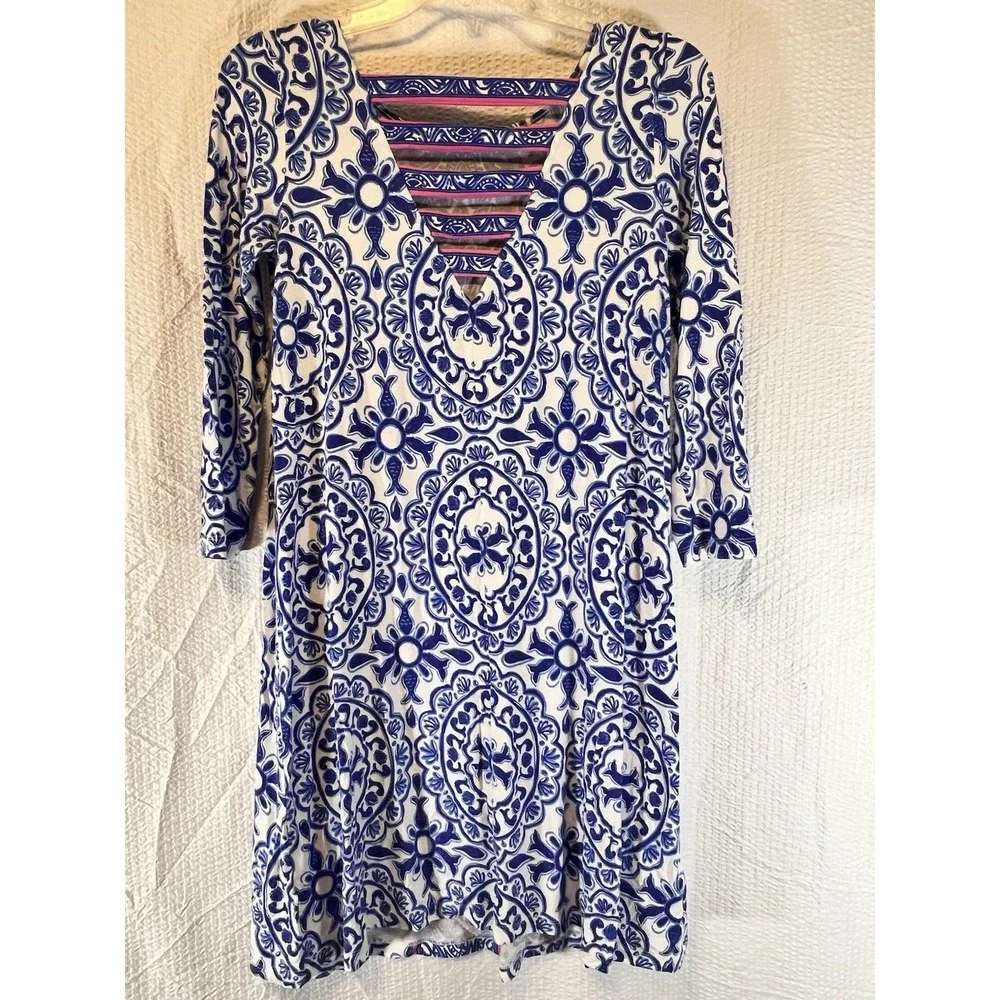 Lilly Pulitzer Women's XS Blue White Flora Stretch A-line Dress Knee Straps‎ - Picture 8 of 10